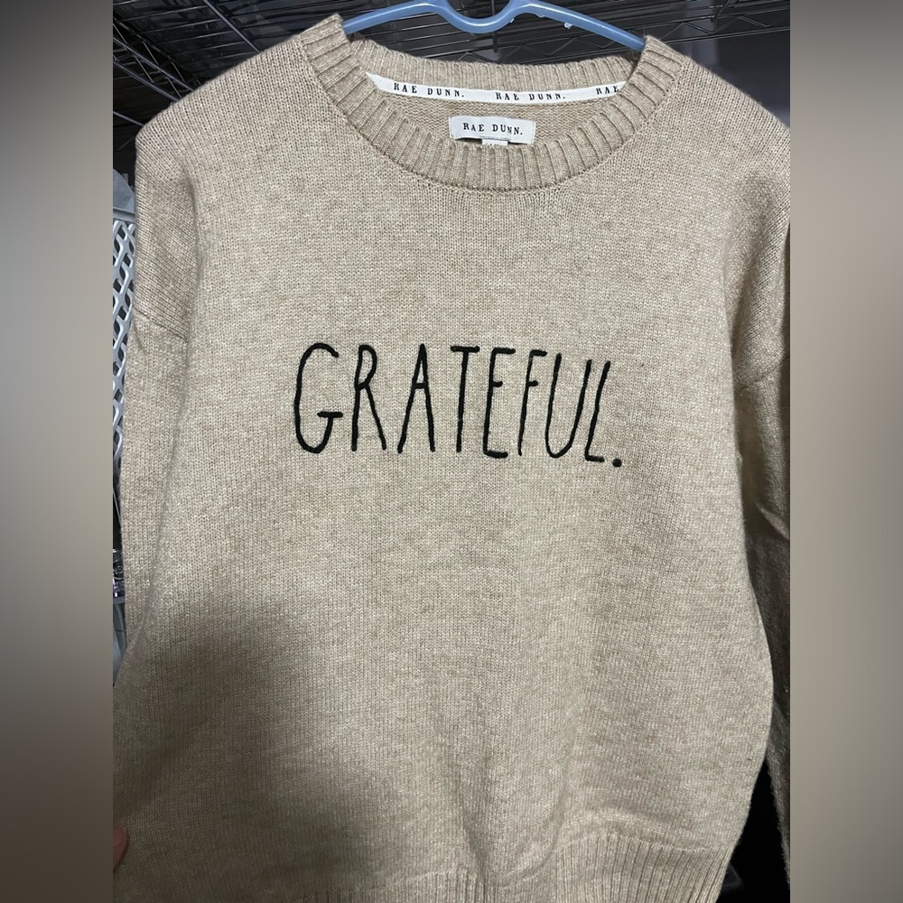 Rae Dunn Cream Crew Neck Sweater Grateful Print - Picture 3 of 4